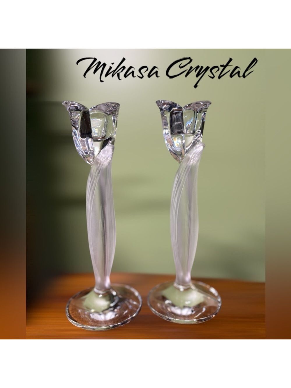 Mikasa-Aria Tulip Candleholders Lead Crystal Frosted 8" Leaves&Tulip. Like new!